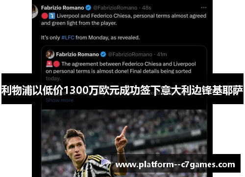 利物浦以低价1300万欧元成功签下意大利边锋基耶萨