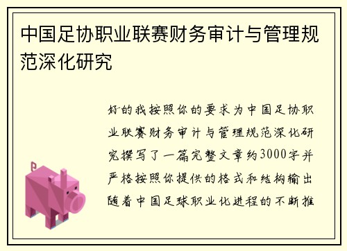 中国足协职业联赛财务审计与管理规范深化研究 中国足协职业联赛财务审计与管理规范深化研究