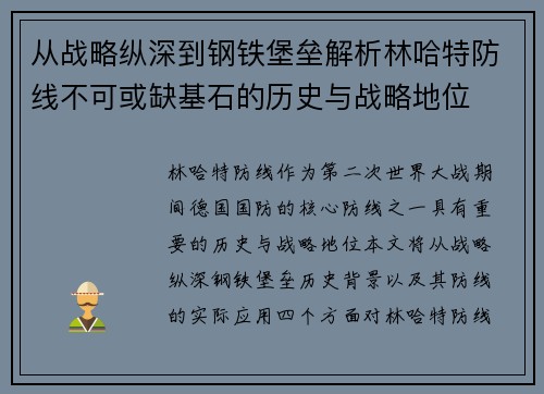 从战略纵深到钢铁堡垒解析林哈特防线不可或缺基石的历史与战略地位 从战略纵深到钢铁堡垒解析林哈特防线不可或缺基石的历史与战略地位