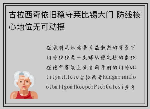 古拉西奇依旧稳守莱比锡大门 防线核心地位无可动摇 古拉西奇依旧稳守莱比锡大门 防线核心地位无可动摇
