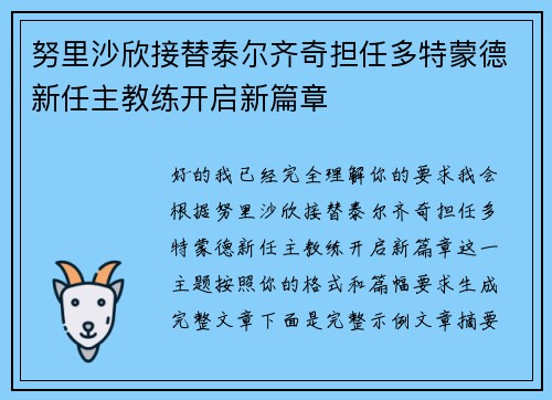 努里沙欣接替泰尔齐奇担任多特蒙德新任主教练开启新篇章